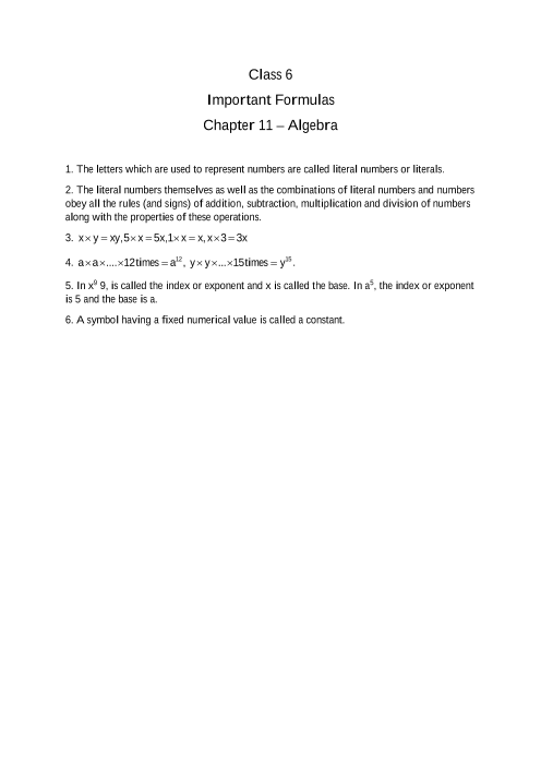 Cbse Class 6 Maths Chapter 11 Algebra Formulas