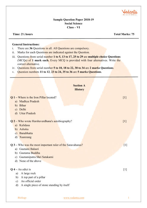 CBSE Sample Paper For Class 6 Social Science With Solutions Mock Paper 1