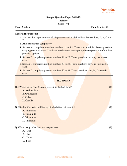 CBSE Sample Paper for Class 6 Science with Solutions Mock Paper1