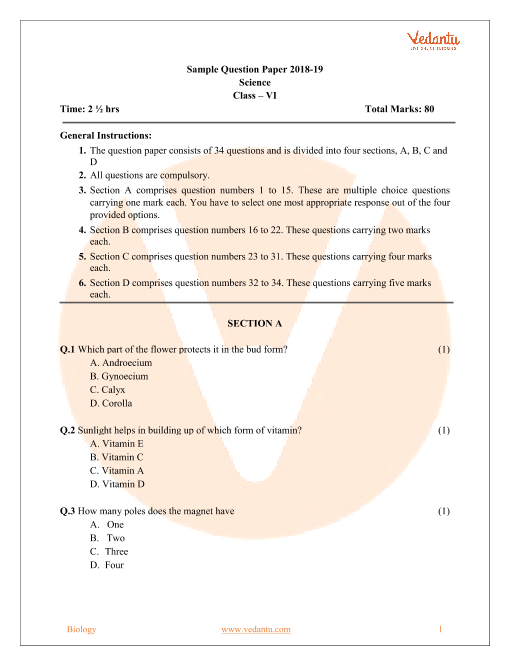 CBSE Sample Paper For Class 6 Science With Solutions Mock Paper 1