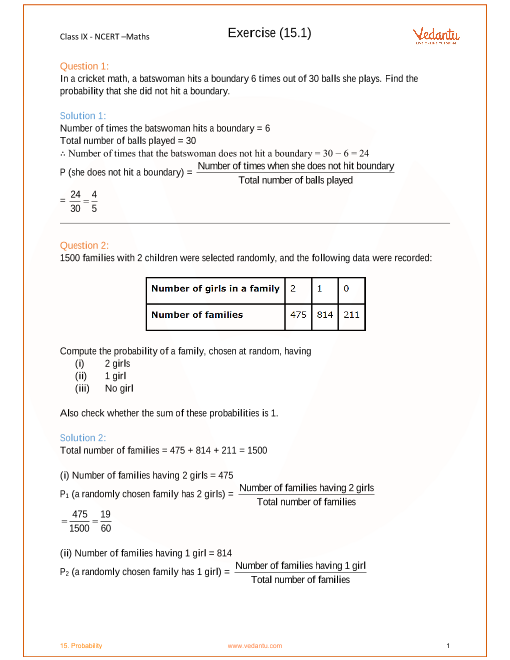 NCERT Solutions For Class 9 Maths Chapter 15 Probability Exercise 15 1 