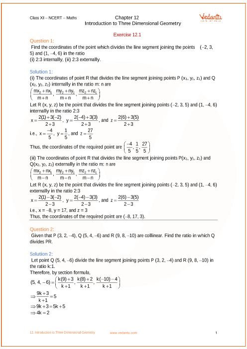 Ncert Solutions For Class 11 Maths Chapter 12 Introduction To Three Dimensional Geometry Ex 12 3 Exercise 12 3