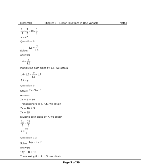 Class 8 Maths Linear Equations Worksheet Tessshebaylo 6006