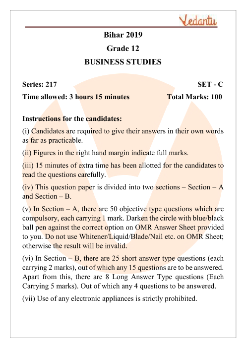 BSEB Class 12 Business Studies Question Paper 2019