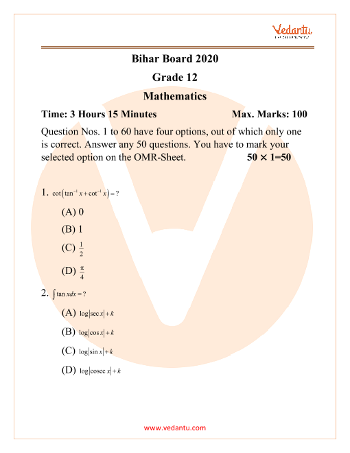 BSEB Class 12 Maths Question Paper 2020