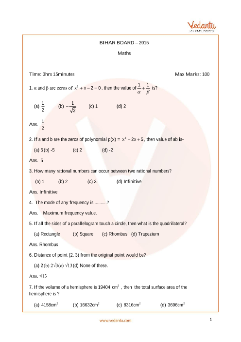 Bihar Board (BSEB) Question Paper for Class 10 Maths 2015