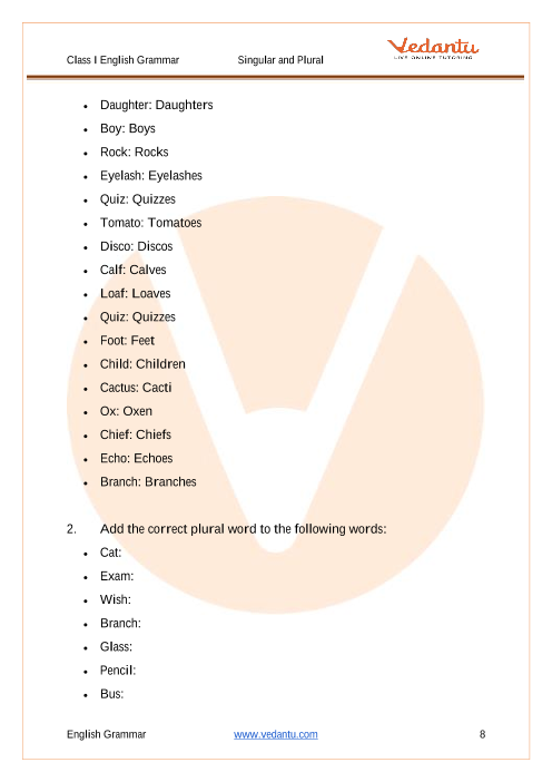 English - Class 1: One and Many (Singular and Plural) Worksheet 2 (Answer)