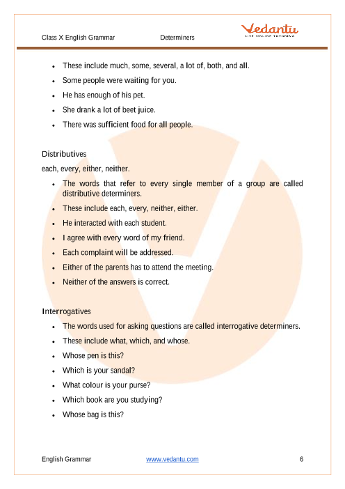 English Grammar Determiners Class 10