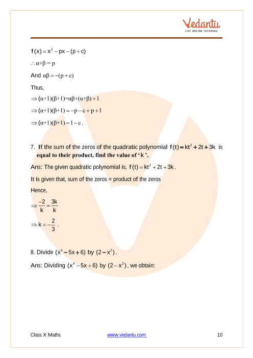 CBSE Class 10 Mathematics - Chapter 2 - Polynomials - Important Questions