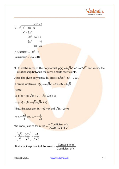 CBSE Class 10 Mathematics - Chapter 2 - Polynomials - Important Questions