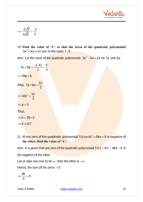 CBSE Class 10 Mathematics - Chapter 2 - Polynomials - Important Questions