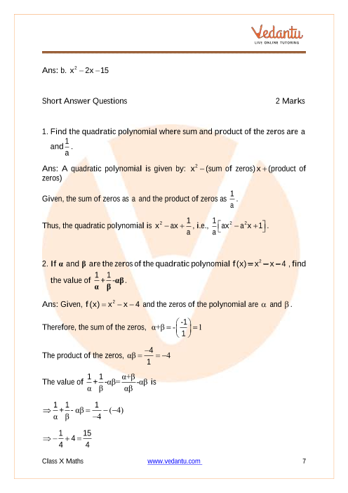 Important Questions of CBSE class 10 Mathematics