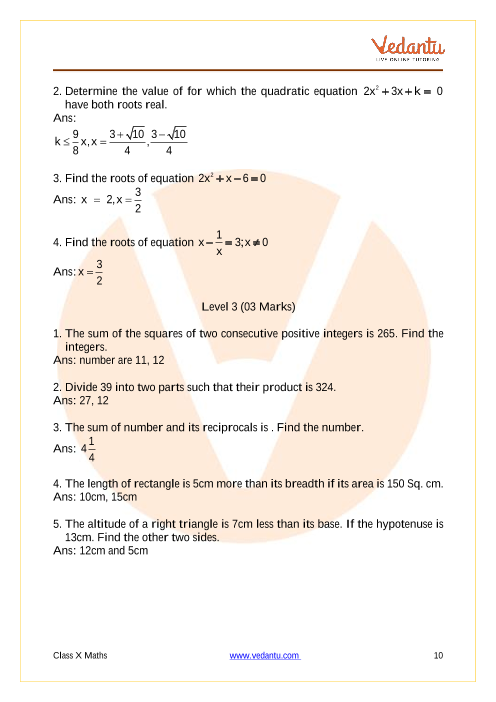 Important Questions of CBSE class 10 Mathematics