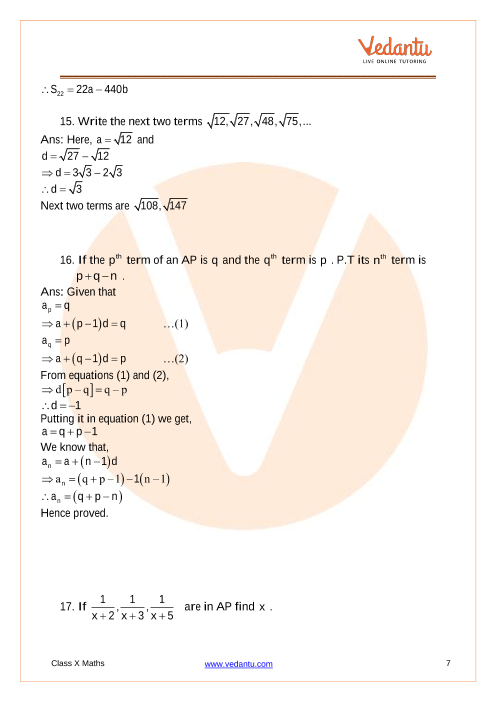 Cbse Class 10 Mathematics Chapter 5 Arithmetic Progressions Important Questions 7973