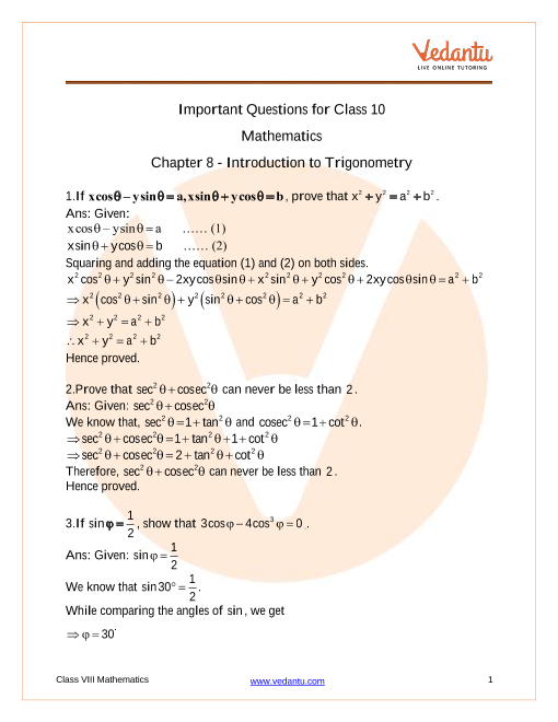 Important Questions of CBSE class 10 Mathematics