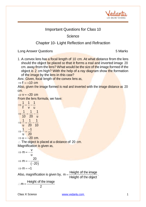 CBSE Class 10 Science MCQs Chapter 10 Light - Reflection and Refraction