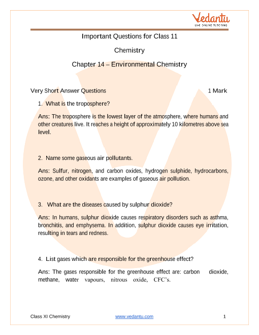 Important Questions For Cbse Class 11 Chemistry Chapter 14 Environmental Chemistry
