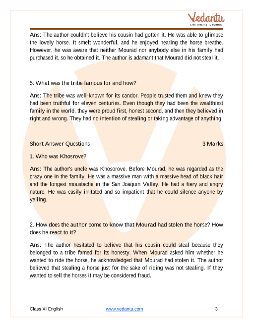 Important Questions for CBSE Class 11 English Snapshots Chapter 7