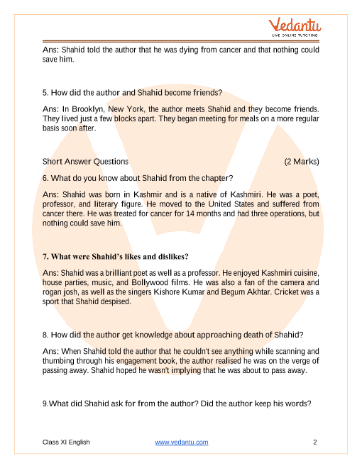Important Questions for CBSE Class 11 English Snapshots Chapter 7 - Birth