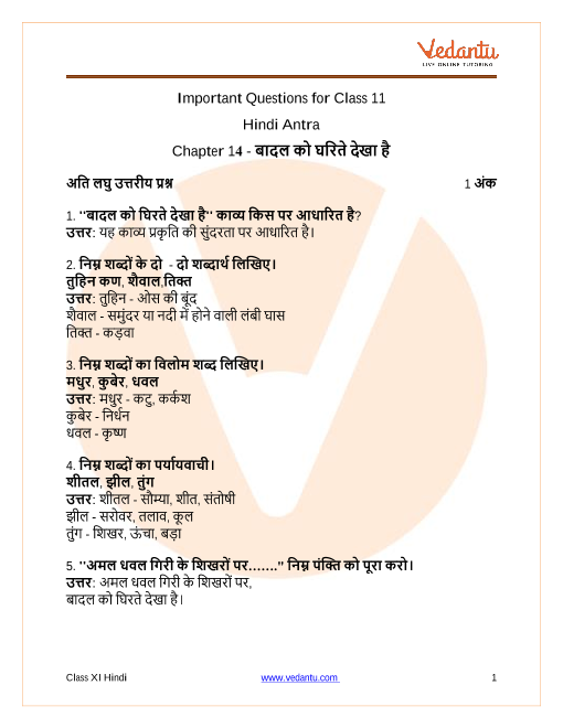 important-questions-for-cbse-class-11-hindi-antra-chapter-14-sandhya-ke