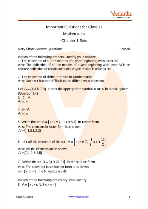 Important Questions With Solutions For CBSE Class 11 Maths Chapter 1 