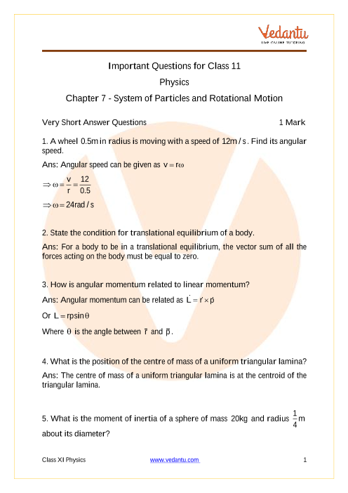 Important Questions For Cbse Class 11 Physics Chapter 7 Systems Of Particles And Rotational Motion 2558