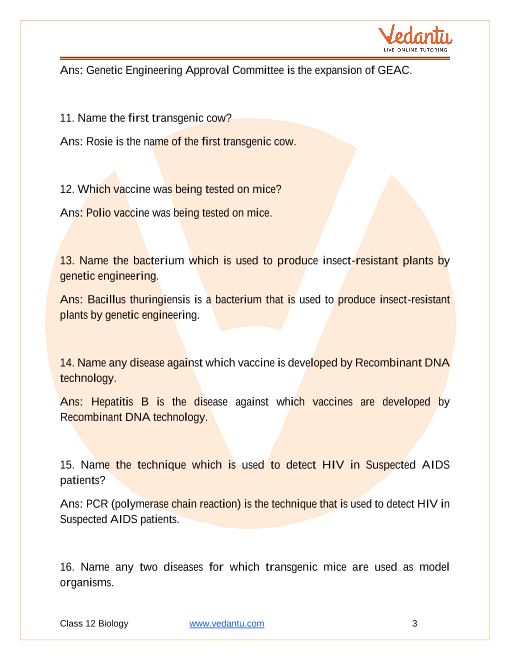 Important questions and answers of CBSE class 12 Biology