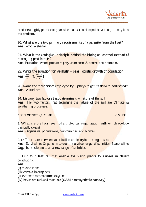 Important questions and answers of CBSE class 12 Biology