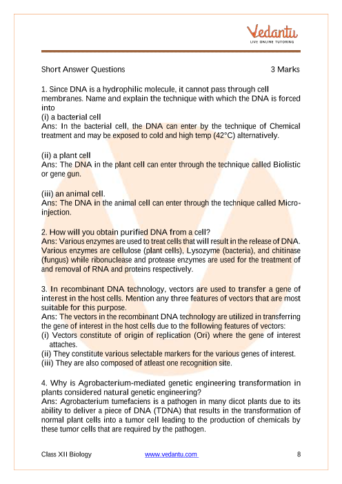 Important questions and answers of CBSE class 12 Biology