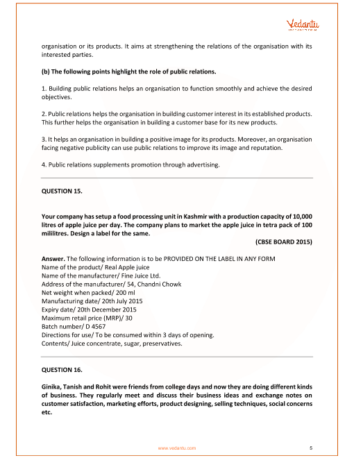 Important questions and answers of CBSE class 12 Business Studies