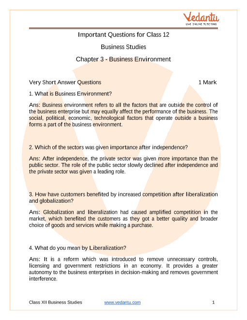 Important questions and answers of CBSE class 12 Business Studies