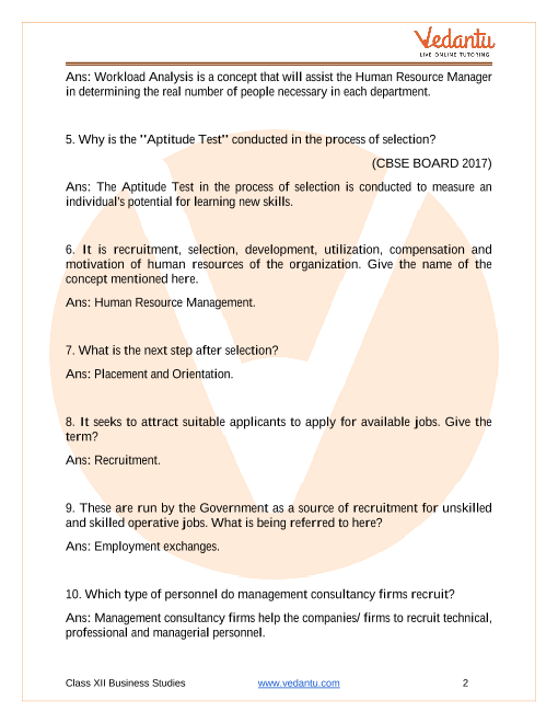 Important Cbse Questions On Class 12 Chapter 6 - Staffing