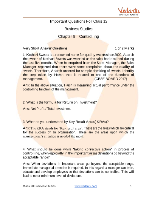 Important questions and answers of CBSE class 12 Business Studies