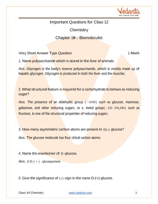 Important questions and answers of CBSE class 12 Chemistry