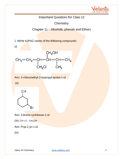 Cbse Class 12 Chemistry Chapter 11 Alcohols Phenols And Ethers Important Questions 6959