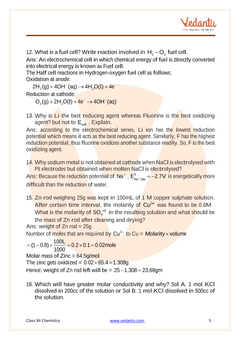 Important questions and answers of CBSE class 12 Chemistry