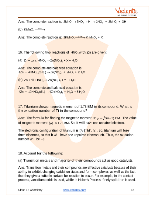 Important questions and answers of CBSE class 12 Chemistry