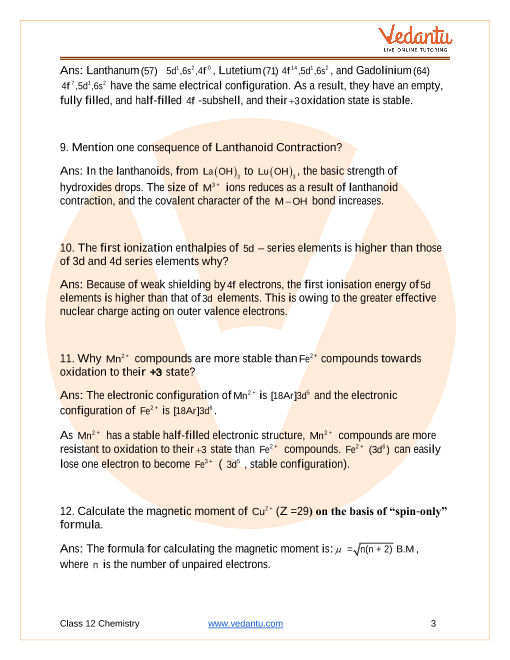 Important questions and answers of CBSE class 12 Chemistry