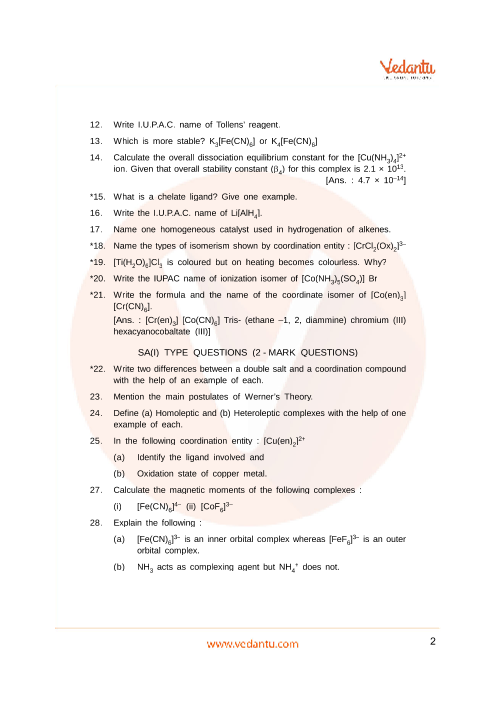 Important questions and answers of CBSE class 12 Chemistry