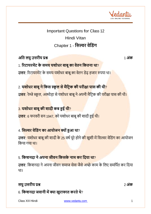 Important Questions For Cbse Class 12 Hindi Vitan Chapter 1 Silver Vending