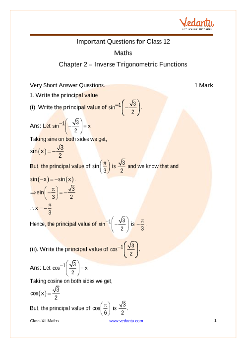 Cbse Class 12 Maths Chapter 2 Inverse Trigonometric Functions Important Questions 22 23