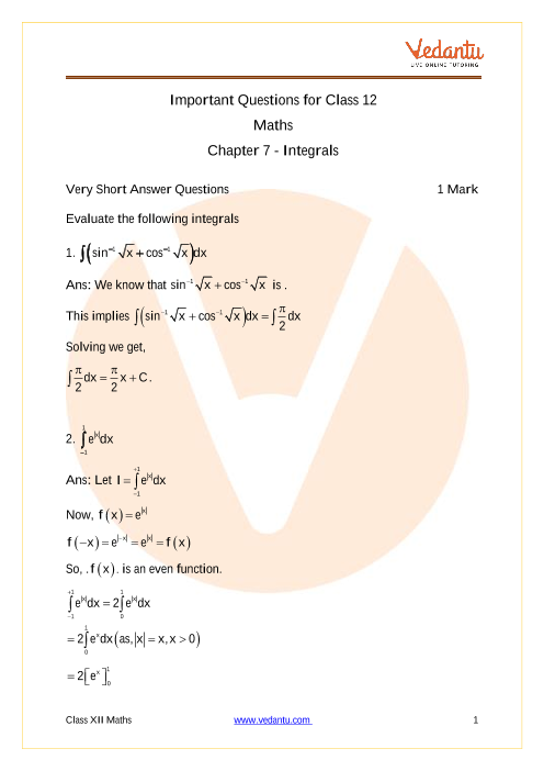 Important Questions For CBSE Class 12 Maths Chapter 7 Integrals