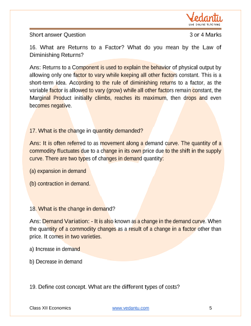 Important questions and answers of CBSE class 12 Economics