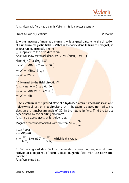 Important questions and answers of CBSE class 12 Physics