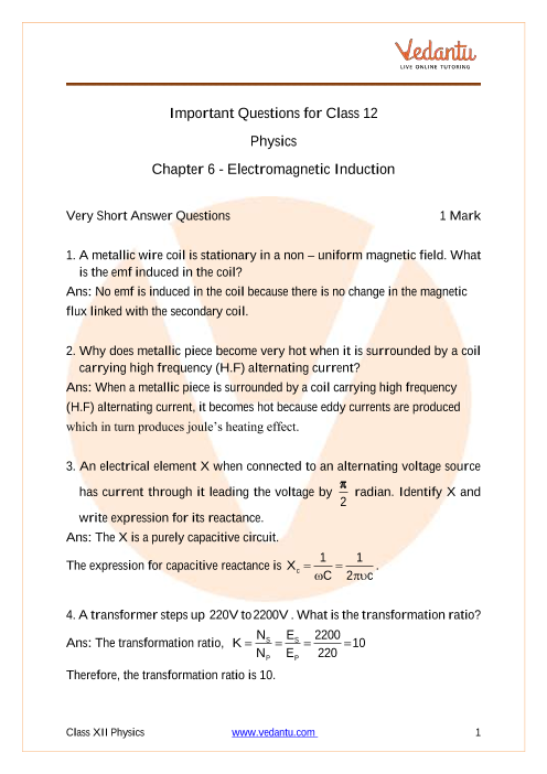 Important questions and answers of CBSE class 12 Physics