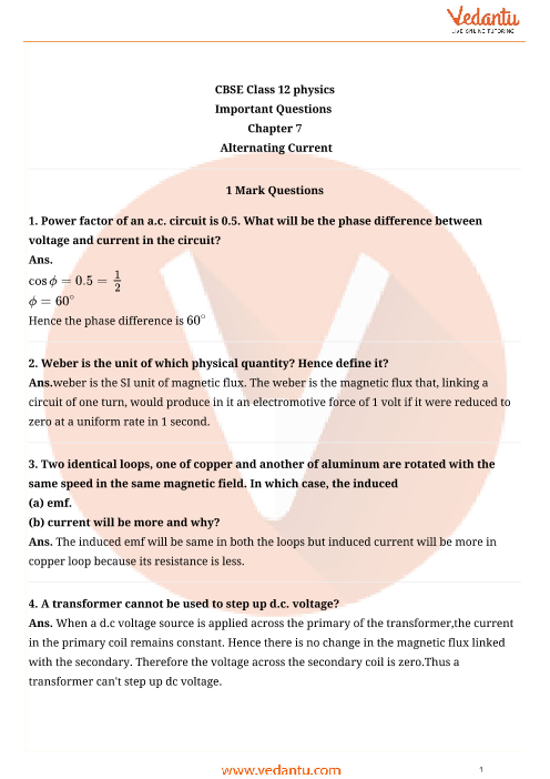 Important questions and answers of CBSE class 12 Physics