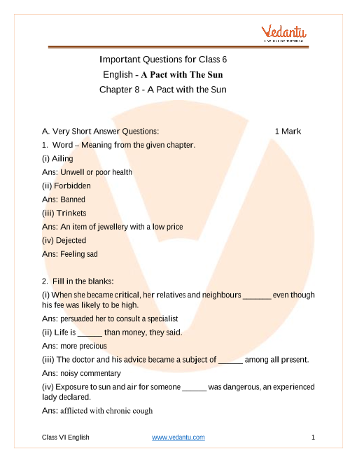 Important Questions for CBSE Class 6 English A Pact with ...