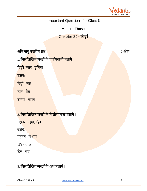 important-questions-for-cbse-class-6-hindi-durva-chapter-20-chitthi