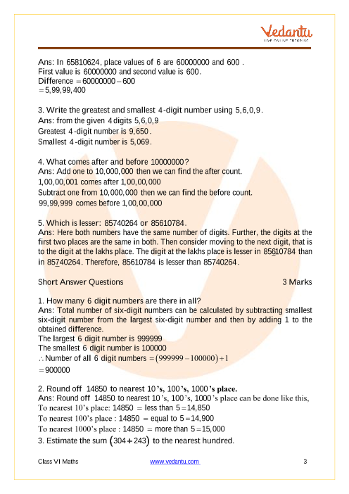 Important Questions For Cbse Class 6 Maths Chapter 1 Knowing Our Numbers