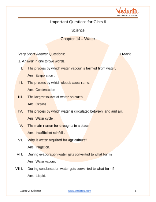 important questions for cbse class 6 science chapter 14 water